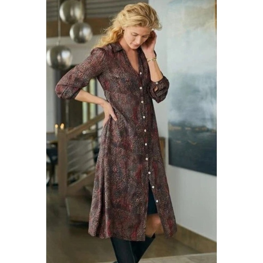 Soft Surroundings Lawton Leopard Midi Shirt Dress Textured‎ Animal Print Large